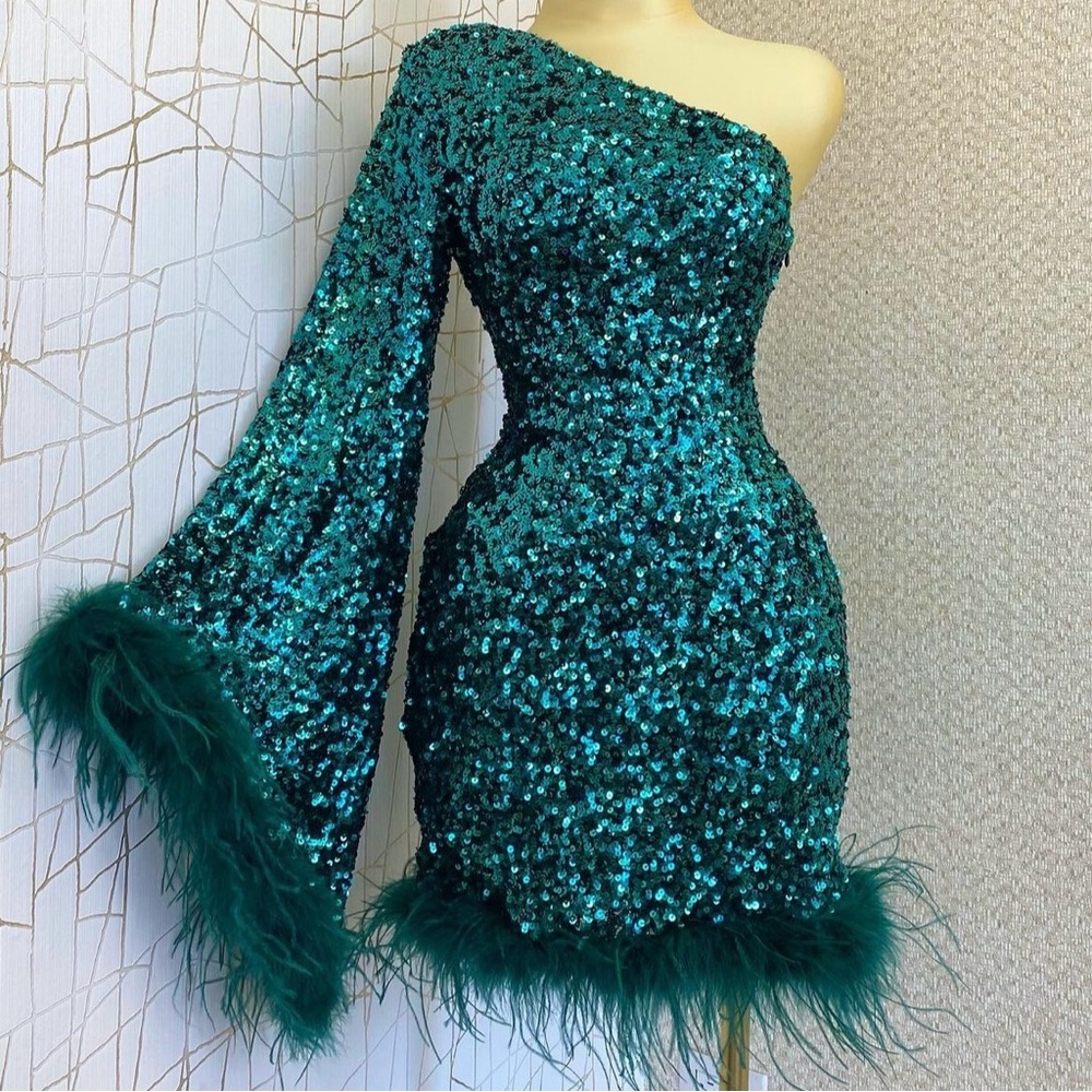 Women’s Dress - Green Sequin Feather Dress Party Dress